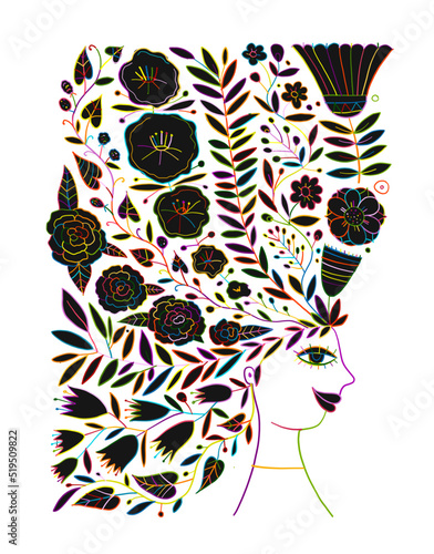 Floral female portrait, pretty woman with floral hairs. Design for fashion ca...