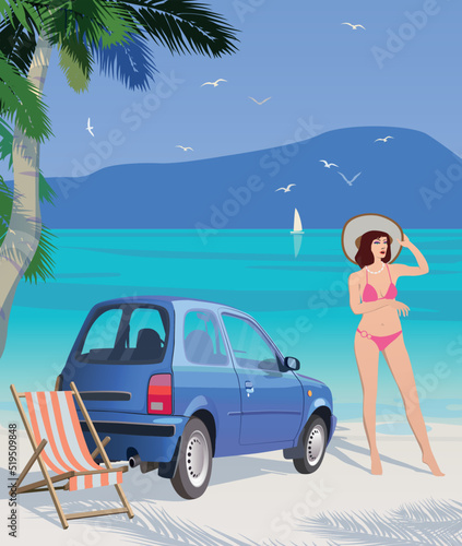 Summer vacation by car at the sea. Vector.