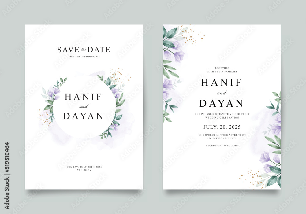 Double sided wedding invitation template with purple flowers and green leaves