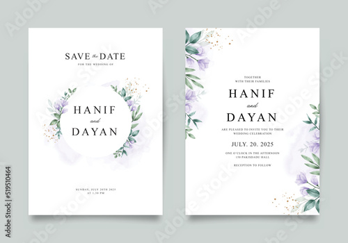 Double sided wedding invitation template with purple flowers and green leaves
