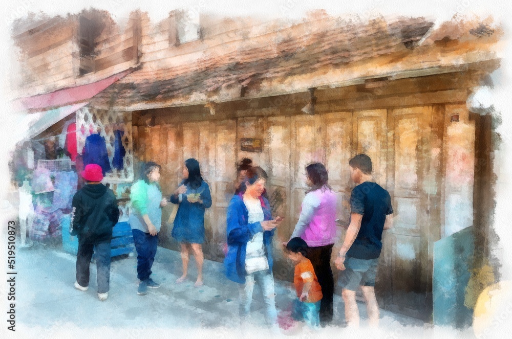 Naklejka premium People and lifestyle activities of rural tourism markets in Thailand watercolor style illustration impressionist painting.