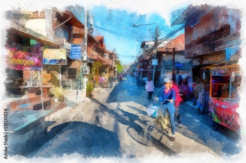 People and lifestyle activities of rural tourism markets in Thailand watercolor style illustration impressionist painting. © Kittipong
