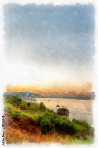 Mekong river landscape of Thailand watercolor style illustration impressionist painting.