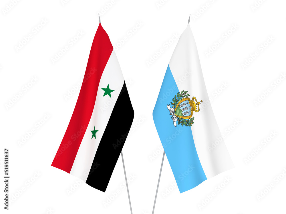 National fabric flags of San Marino and Syria isolated on white background. 3d rendering illustration. National fabric flags of San Marino and Syria isolated on white background. 3d rendering illustration.