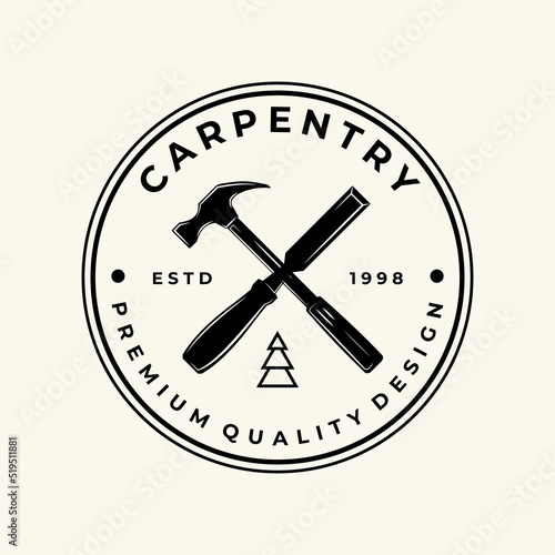 Hammer and Chisel Carpentry badge Logo Vector illustration design