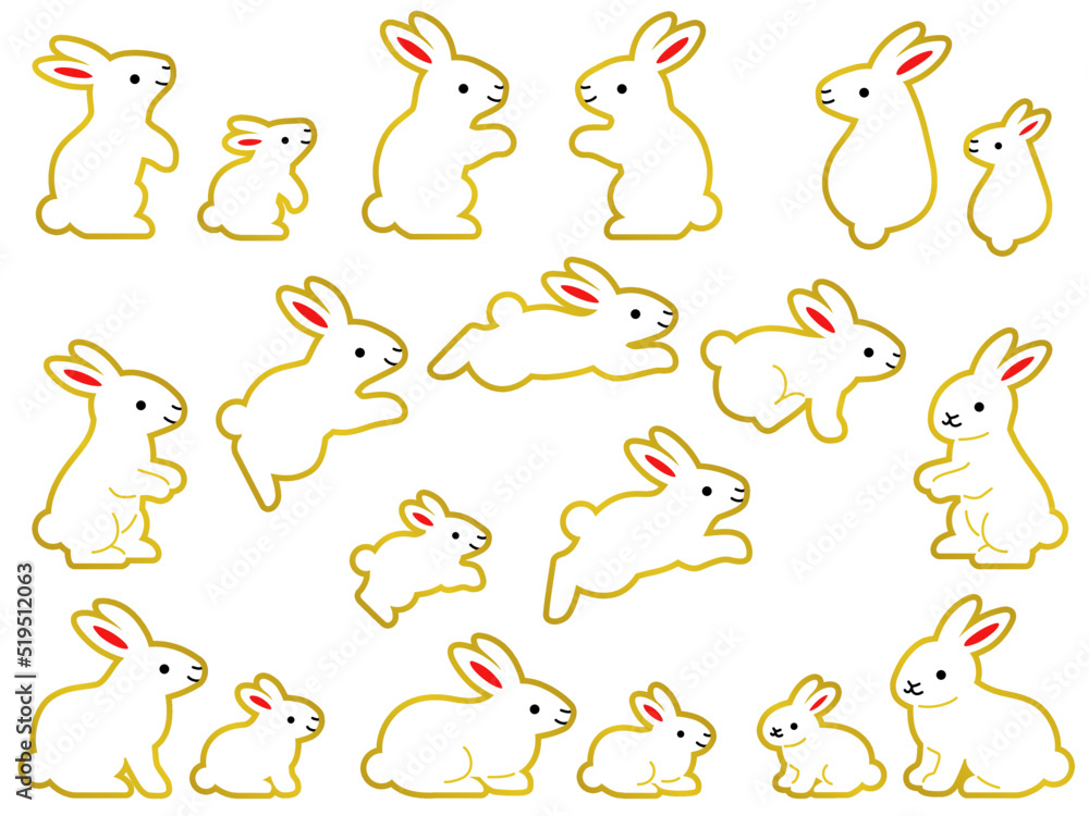 金縁の白いウサギの親子のイラストセット