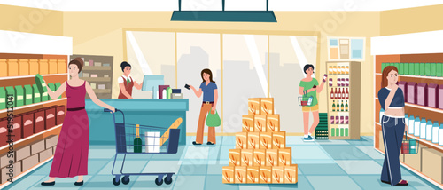 grocery store. people buying products in supermarket customers with shopping carts. Vector cartoon background