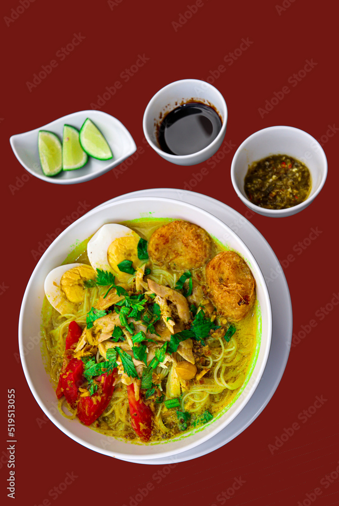 INDONESIAN CULINARY CHICKEN SOUP NOODLE WITH SLICE BOILING EGG AND
