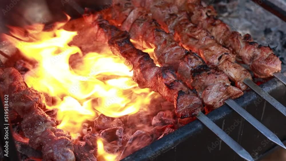 barbecue grill on the fire. close-up. picnic in nature. barbecue grill on the fire. close-up. picnic in nature.