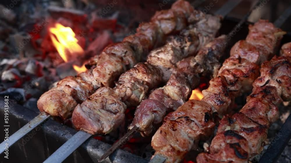 barbecue grill on the fire. close-up. picnic in nature. barbecue grill on the fire. close-up. picnic in nature.