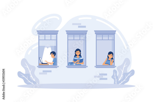 House facade with windows. Home office during coronavirus outbreak concept, people works from home Modern Flat Illustration