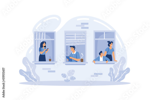 House facade with windows. Home office during coronavirus outbreak concept, people works from home Modern Flat Illustration