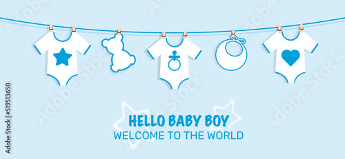 its a boy welcome greeting card for childbirth vector illustration hanging bodysuits
