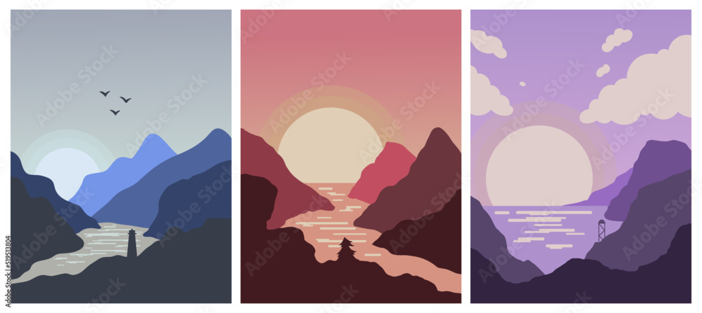 Set of three natural minimalist backgrounds. Hand-drawn illustrations with mountains, sun, river for wall decoration, postcard or brochure, cover design, stories, social media, app design.