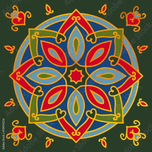 Ethnic gold mandala with folk geometric elements, and hearts on a green background. Oriental vintage ornament. Seamless pattern for the tile
