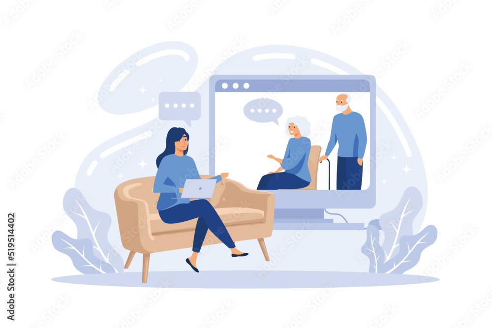 Online psychologist and couples therapy session - virtual therapist woman doing marriage counseling to cartoon people at home from screen,