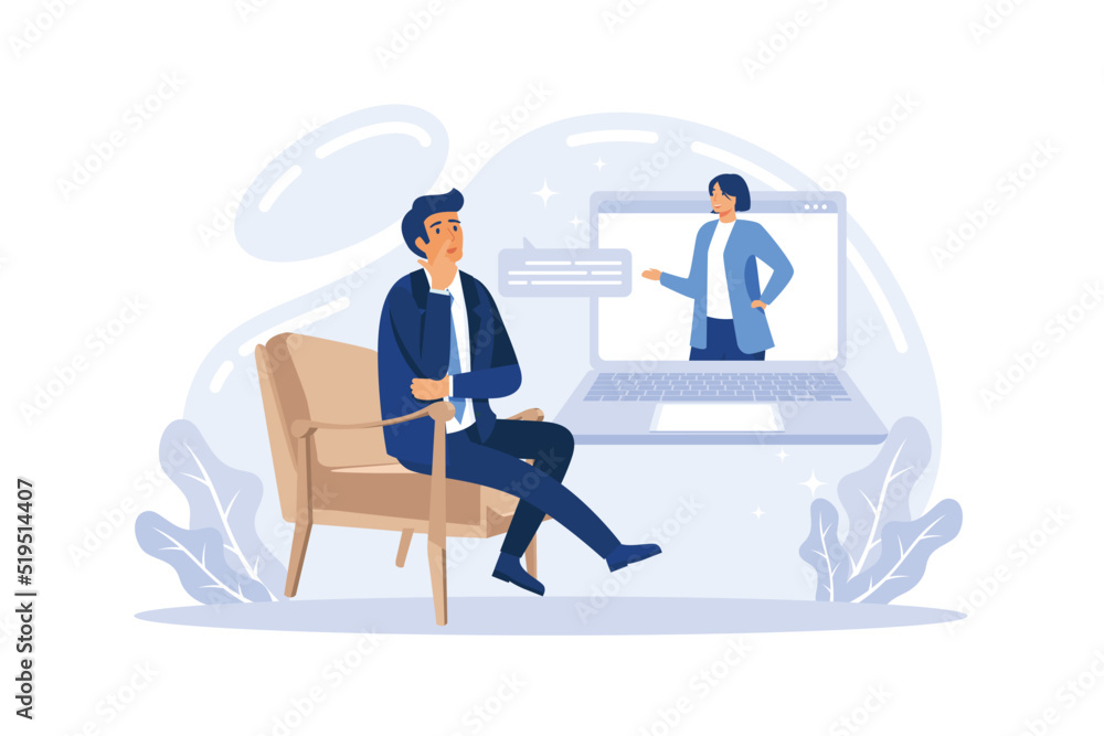 Online therapy with psychologist concept. Patient at psychological counseling. Doctor help through laptop screen banner. flat vector illustration
