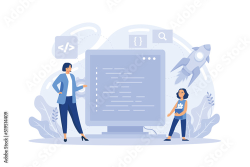 IT education. Student write software and create code for computer. Digital technology for website, interface and devices. Vector illustration. © Alwie99d