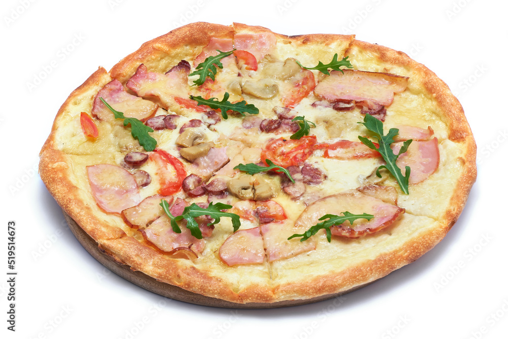 traditional italian pizza with bacon ham isolated on a white background