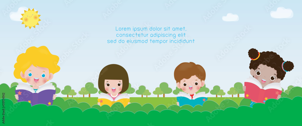 back to school with school kids reading book education con…