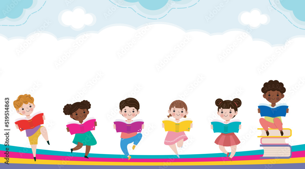 back to school with school kids reading book education con…