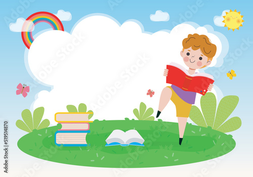 back to school with school kids reading book education concept, cartoon happy children background banner Template for advertising brochure, your text, child and frame isolated Vector Illustration