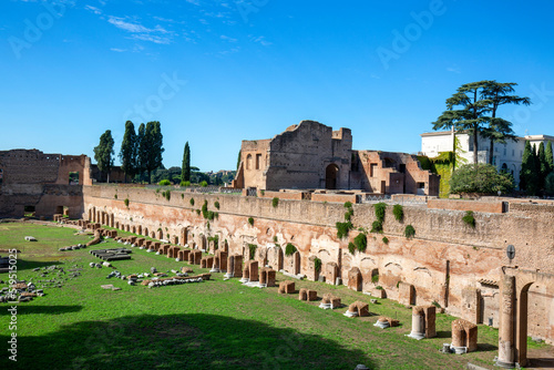 Palatine Hill, view of the ruins of several important ancient  buildings, Hippodrome of Domitian, Rome, Italy