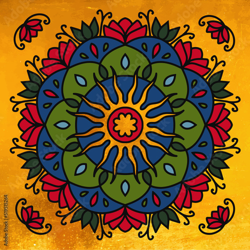 Ethnic mandala with the gold sun, lotus flowers, leaves, folk and geometric elements. Oriental vintage ornament on the gold background. Seamless pattern for the tile