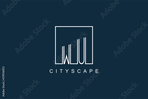 Initials WU logo with modern minimal elegant square line and abstract building photo