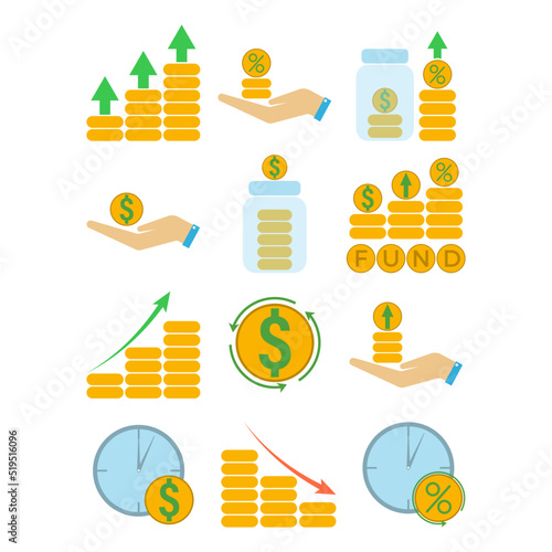 Investment fund icon set. Icon of investment, savings, income, money management isolated on white background. Long term investing, pension fund concept, savings management. Vector illustration