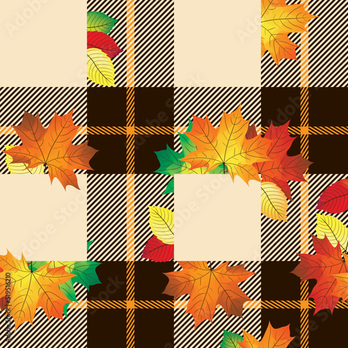 Printed check seamless pattern with orange maple leaves. Vector illustrtion.