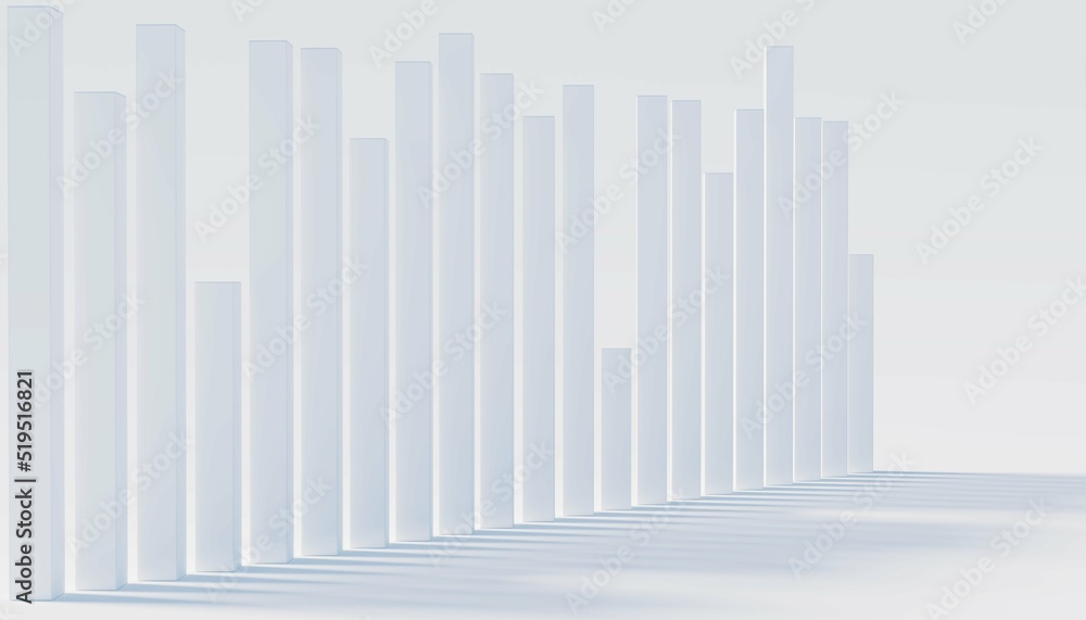 3d rectangles of different heights on a white background. Simulation of statistics graphs. 3d rendering 3d rectangles of different heights on a white background. Simulation of statistics graphs. 3d rendering