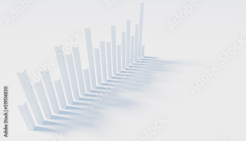 3d rectangles of different heights on a white background. Simulation of statistics graphs. 3d rendering
