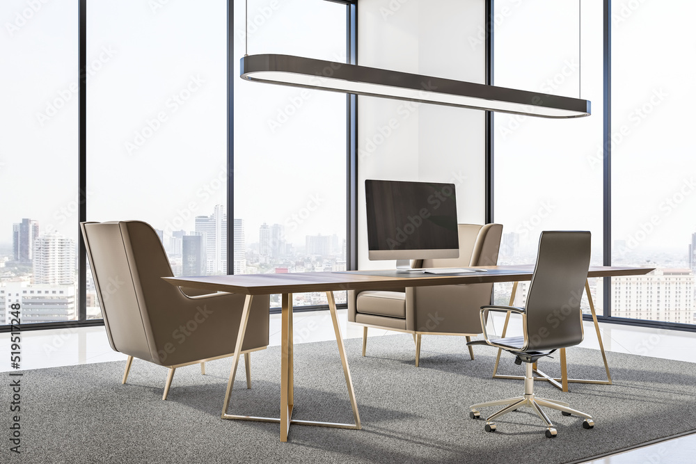 Fototapeta premium Luxury office interior with panoramic city view, furniture and equipment. Workplace concept. 3D Rendering.