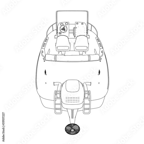 Outline of a motor boat from black lines isolated on a white background. Back view. Vector illustration.