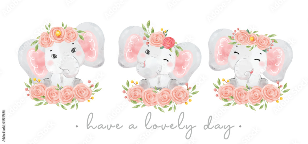 group of three cute sweet baby elephant pink girl adorable smile sitting on flowers bouquets, watercolor animal nursery cartoon han drawn illustration