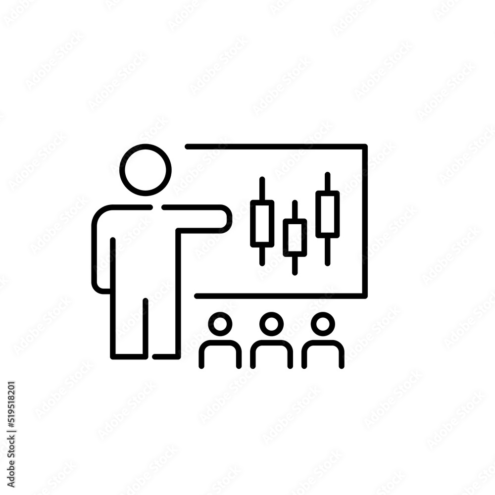 Professor teaching stock trading at blackboard to a classroom of students. Pixel perfect, editable stroke line icon.