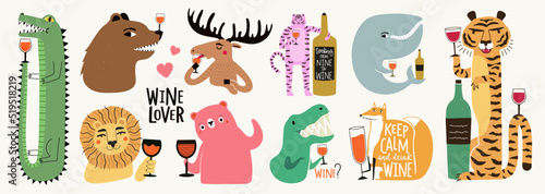 Vector set with drinking animals and bottles wineglasses with red wine. Bundle collection with bears, tigers, lion, moose, whale, dinosaur, fox. Funny sticker pack template, apparel prints