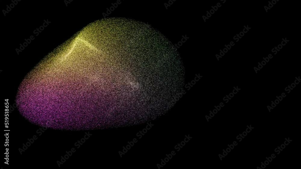 Murmuration simulated using particle physics.
Clouds of coloured particles whirling around.