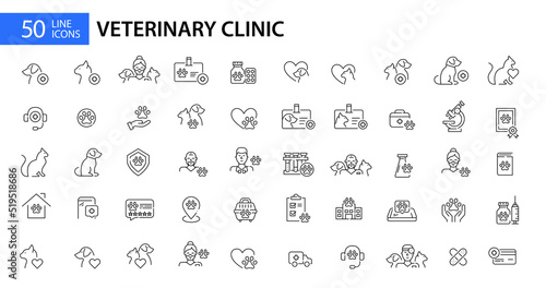 Animal clinic pet care veterinary hospital line art mega set. 50 Pixel perfect, editable stroke icon
