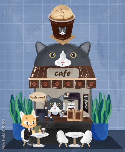 cat cafe watercolor vector illustration