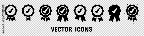 Approval Check Icon, Quality Sign, Certified Medal Symbol Set - Different Vector Illustrations Isolated On Transparent Background