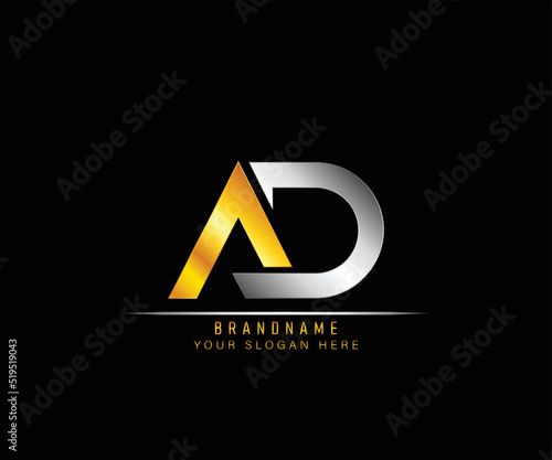 Creative elegant trendy unique artistic silver and gold color AD initial based Alphabet icon logo. Initial letter AD logo template. Luxury A D logo template. photo