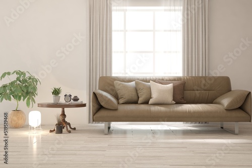 White living room with sofa. Scandinavian interior design. 3D illustration