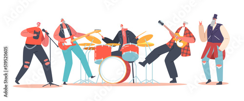 Seniors Rock Band Performing on Stage with Electric Guitars and Drum, Pensioners Music Concert. Old Artists Characters