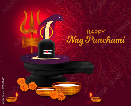 Happy Nag Panchami greeting card with king cobra Snake, milk, shivling. Hindu Worship Festival India. Realistic design Poster Vector illustration. Social media post, website, banner, invite, promotion photo