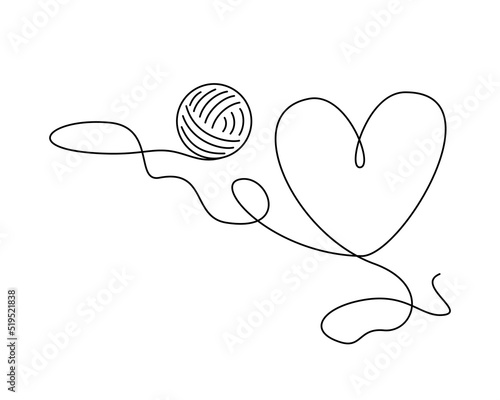 The Thread From the Ball of Yarn Unwound and Laid Out in the Shape of a Heart in Doodle Style. Vector Line Art, Isolated, Cartoon, Clipart.