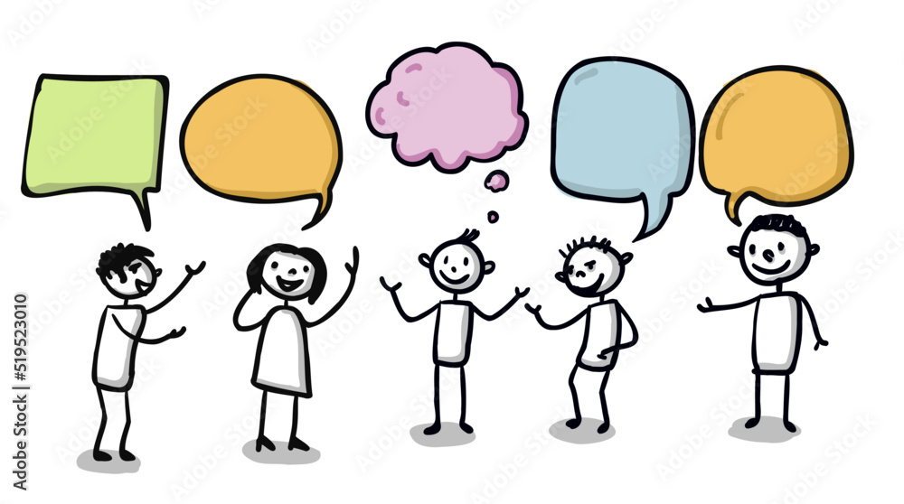 Different People as stick figures talking to each other with big empty text bubbles - Hand-drawn vector illustration isolated on white background. Different People as stick figures talking to each other with big empty text bubbles - Hand-drawn vector illustration isolated on white background.