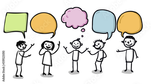 Different People as stick figures talking to each other with big empty text bubbles - Hand-drawn vector illustration isolated on white background.