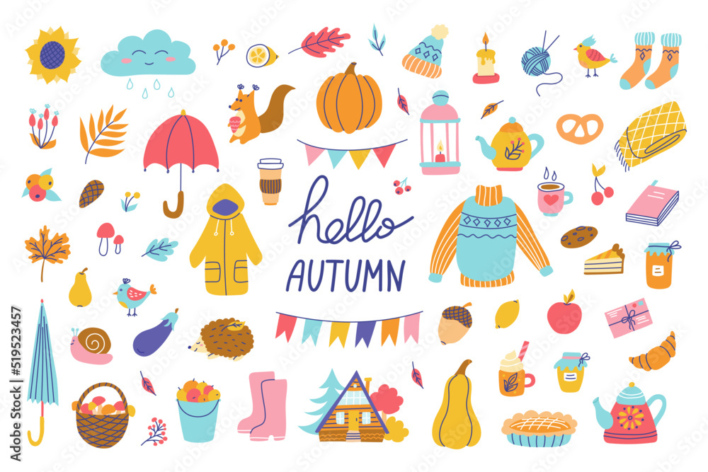 Autumn set of elements with hand lettering. Sweater, umbrella, harvest. Vector illustrations in flat hand drawn style. Design of packaging paper, postcards, fabric